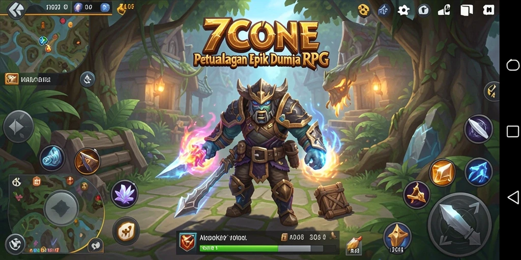 Tangkapan layar gameplay <strong>7CONE</strong> yang menggambarkan pertarungan epik di dunia RPG.