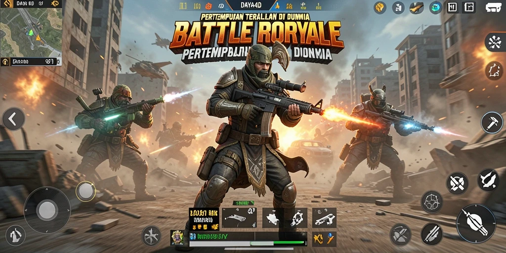 Tangkapan layar utama DAYA4D menampilkan pertempuran seru dalam mode Battle Royale.