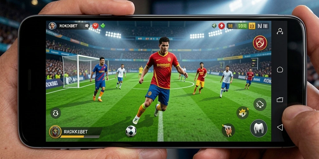 Screenshot permainan ROKOKBET dengan aksi seru di lapangan football.
