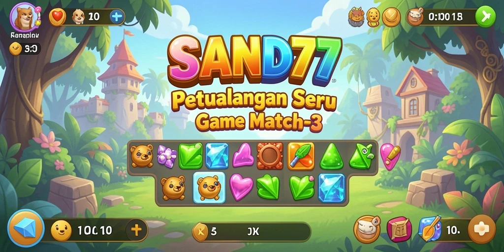 Screenshot gameplay SAND77 dengan aksi Match-3 menantang.
