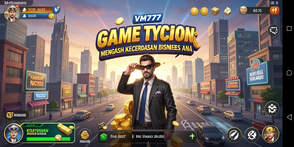 Tampilan gameplay VM777 yang menampilkan dunia bisnis yang dinamis.