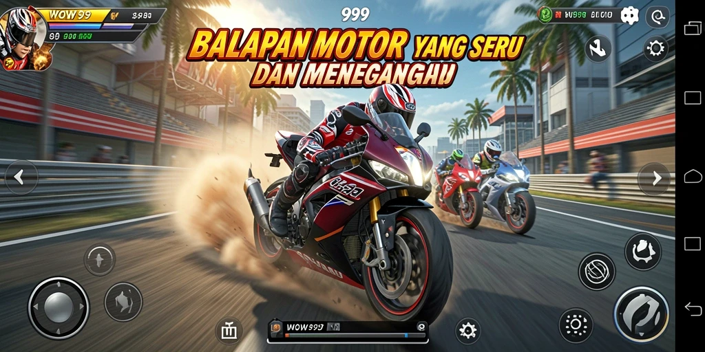 Screenshot gameplay WOW99 menunjukkan aksi balapan motor yang mendebarkan.